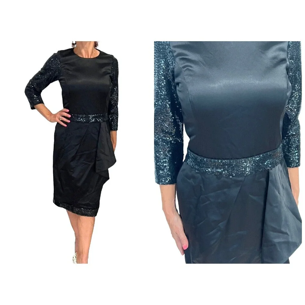 MICHAEL KORS MADE IN ITALY 3/4 SLEEVE SEQUIN SATIN BLACK PEPLUM COCKTAIL DRESS 6